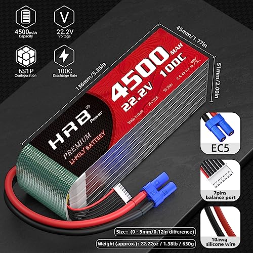 HRB 2PCS 6S Lipo Battery EC5 4500mAh 100C 22.2V RC Lipo Battery Compatible with RC Car RC Airplane RC Truck RC Boat