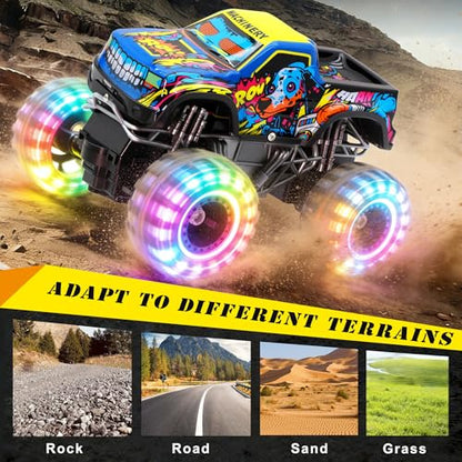 Remote Control Monster Truck Toys for Kids, 1:20 Scale 2.4GHz RC Car with Lights, All Terrain Rechargeable RC Truck with 2 Rechargeable Batteries, Toy Gift Birthday Christmas for Boys Girls Toddlers