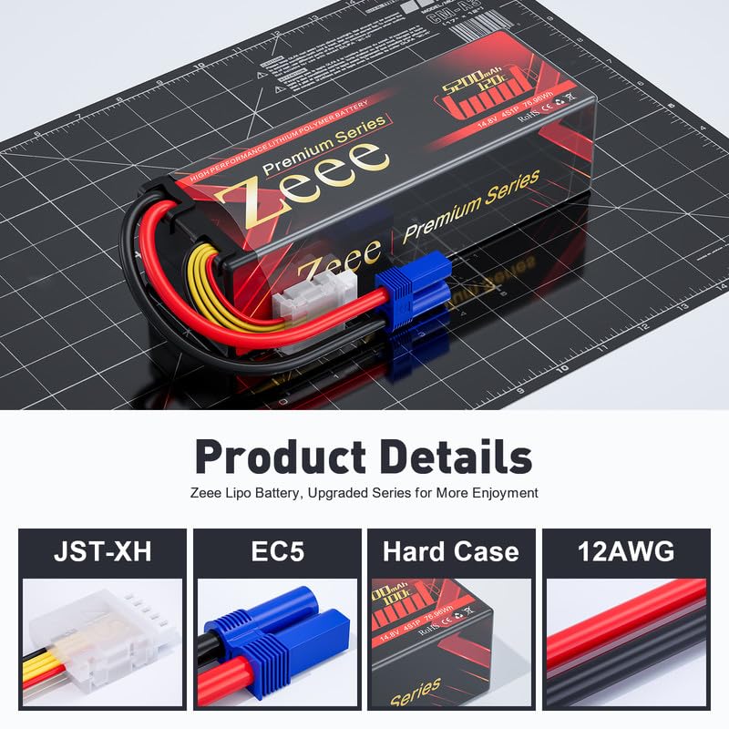 Zeee Premium Series 4S Lipo Battery 5200mAh LCG Hard Case Batttery Height 37mm 14.8V 120C with EC5 Connector for RC Car Truck Tank RC Buggy Truggy Racing Models (2 Pack)