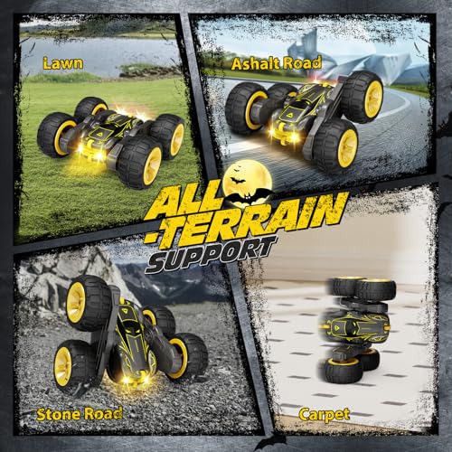 Tecnock Remote Control Car for Kids, 2.4GHz RC Cars with USB-C Easy Charging, 4WD Double Sided 360° Rotates and Flips RC Stunt Car, Toys Gift for Boys and Girls Ages 6-8, 8-12 - color: Yellow