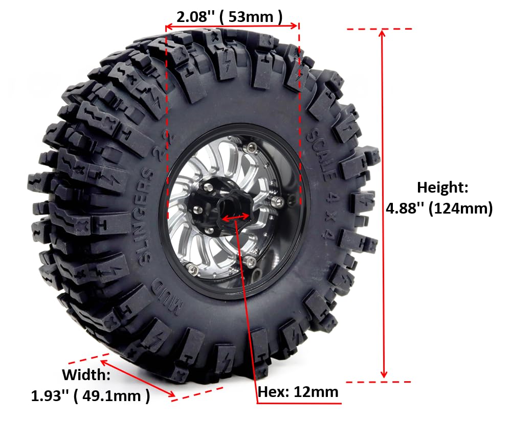2.2 Beadlock Wheels and Tires Set, 124mm Tall 2.2 Mud Slingers Tires & Adjustable Offset 2.2 Wheels Rims for 1/10 RC Crawler Everest 10 SCX10 Capra Wraith Upgrades,HS701583 - color: Black & Silver