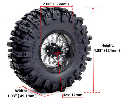 2.2 Beadlock Wheels and Tires Set, 124mm Tall 2.2 Mud Slingers Tires & Adjustable Offset 2.2 Wheels Rims for 1/10 RC Crawler Everest 10 SCX10 Capra Wraith Upgrades,HS701583 - color: Black & Silver