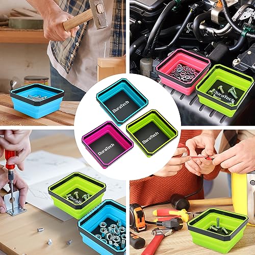 DURATECH Magnetic Foldable Parts Tray Set, 3 Pack Collapsible Silicone Tool Tray Set with Double-Sided Magnetic Base for Organizing Screw Bolts Nuts Washers Pins and Other Small Metal Parts