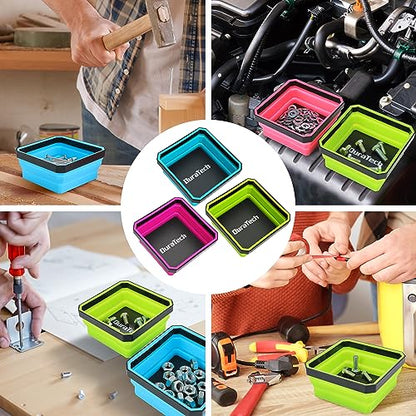 DURATECH Magnetic Foldable Parts Tray Set, 3 Pack Collapsible Silicone Tool Tray Set with Double-Sided Magnetic Base for Organizing Screw Bolts Nuts Washers Pins and Other Small Metal Parts