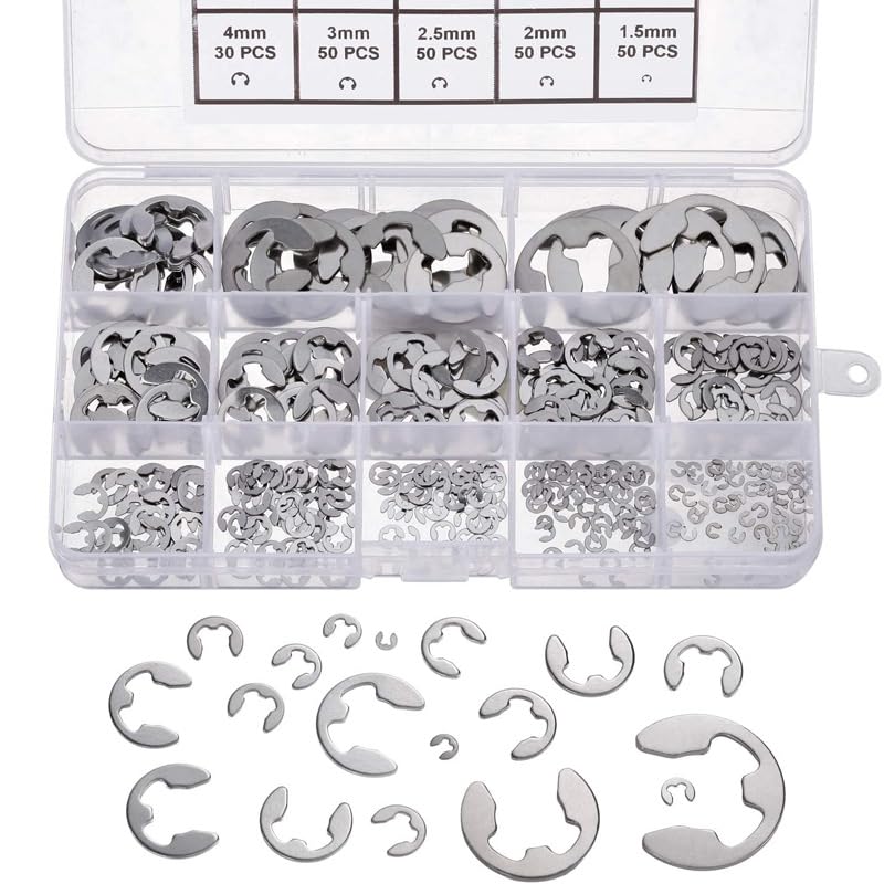 cSeao External Retaining Rings, 13 Various Size E Clip Assortment kit, Assorted Black E-Clip, 400 Pieces(304 Stainless Steel E Clip) - size: 304 Stainless Steel E Clip