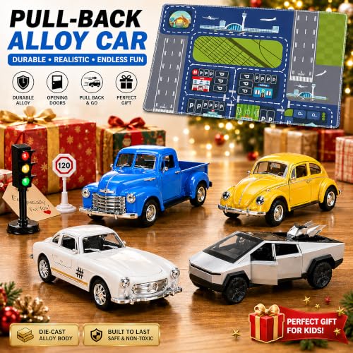 1:32 Die Cast Pull Back Truck Toys for Kids, Alloy Toy Cars with Openable Doors, Road Signs & Map Playset, Birthday Gift for Boys Girls Ages 3-8 - size: Alloy car 4-piece set