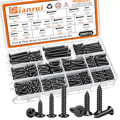 Dianrui 288 PCS Black Wood Screws Assortment Kit, Assorted Sheet Metal Screws #4/#6/#8/#10, ‌Phillips Drive Pan & Flat Head Screw Set Marine Grade Length 3/8" to 2" - size: 288PCS-BK