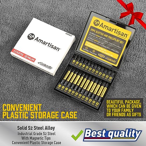 Amartisan 24-Piece Slotted Phillips Drill Bit Set, S2 Alloy Steel, Magnetic Tips, 2.3" Long With Storage box.Power Drill - Pro & DIY (24-Piece Bit Set (Slotted+Phillips)) - style: 24-Piece Bit Set (Slotted+Phillips)