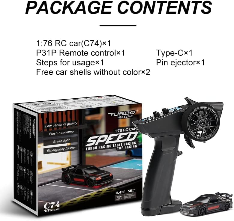 Turbo Racing 1:76 Scale RC Sport Car, Table Racing 2.4GHZ Remote Control Mini Model Car with Full Proportional RTR for Adults Toys (C74-Black) - style: C74-Black