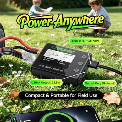 OVONIC C30 Battery Checker with Servo Tester, 1-8S LiPo LiHV Life Li-Ion Battery Voltage Tester, PWM/PPM Signal Test, USB-C 30W & USB-A 22.5W Power Output, Cell Balancer