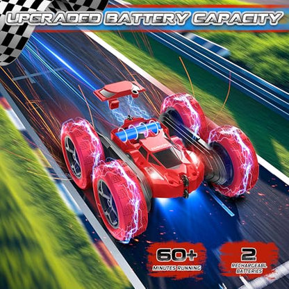 cosone Remote Control Car for Boys - Car Toy for Kids Age 6 7 8 9, 4WD 2.4Ghz Double Sided 360° Rotating RC Cars with Headlights, Christmas Birthday for Boys and Girls - Red - color: Red