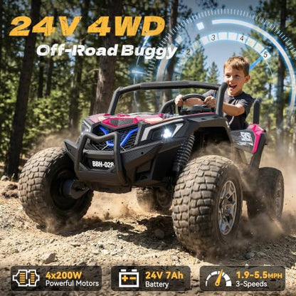 XXXL 4WD 24V Ride on Toys for Big Kids 3-14, Max 5.5Mph & 220 lbs Load,Pink | Adjustable 22” 2 seater ride on car for kids, 15" eva all-terrain tires, remote control, led lights, smooth shock absorbers - color: Pink