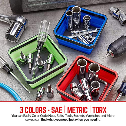 SANDOR Collapsible Magnetic Parts Tray Set - (Pack of 3) Tool Trays for Screw, Bolts, Nuts, Washers, Pins and Other Small Metal Parts - 4.25 Inch Square - Red, Blue, and Green