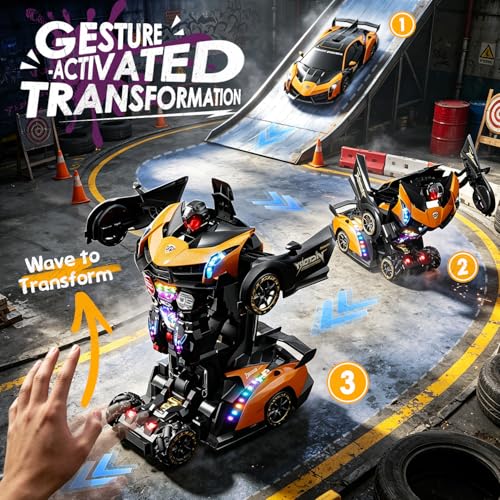 Holyton 1:10 Transforming RC Car, Large Remote Control Car | One-Button Transform to Robot, 2.4GHz Remote Control, Gesture Sensing, LED Lights, 80-Min Playtime, Gift for Kids Ages 5-12 - color: Frosted Gold