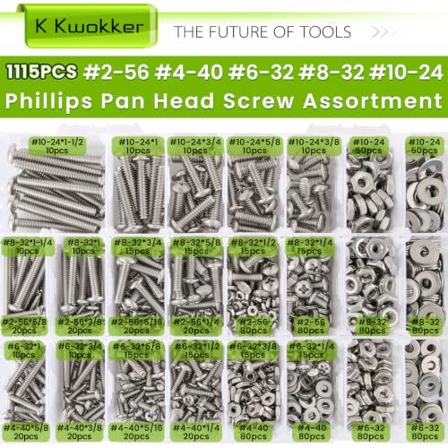 1115Pcs #2-56#4-40#6-32#8-32#10-24 Phillips Pan Head Bolts & Nuts | 304 Stainless Steel Machine Screw Assortment Kit with Washers, 25 Sizes with #1 #2 Phillips Bits for DIY & Equipment Repair - size: A. #2-56#4-40#6-32#8-32#10-24