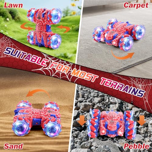 Gesture Sensing RC Stunt Car 2.4GHz Wholebody Light Double Sided RC Cars | Rechargeable Remote Control Car with Headlight Indoor Outdoor Spider Toy Birthday Gift Kids Boys Ages 4 to 13 - color: Dual Control Red