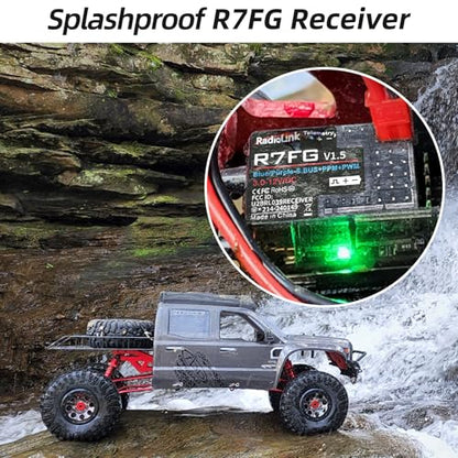 Radiolink RC6GS V3 7 Channels RC Transmitter and Waterproof Gyro Receiver R7FG, 30 Models Storage 2.4Ghz Voltage Telemetry Surface Remote Radio Controller for RC Crawler, Drifting, Car and Boat