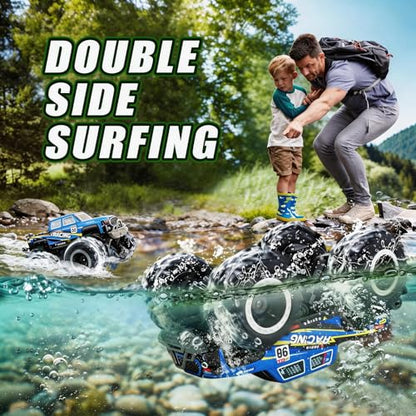 Amphibious Remote Control Car, Monster Trucks for Boys Age 4-7, Monster Truck Toys W/Blocks & 360°Spin, 4WD All-Terrain Off-Road RC Cars with 2 Batteries 100 min, 2.4GHz Pool Toy Gift for Kids - color: Blue