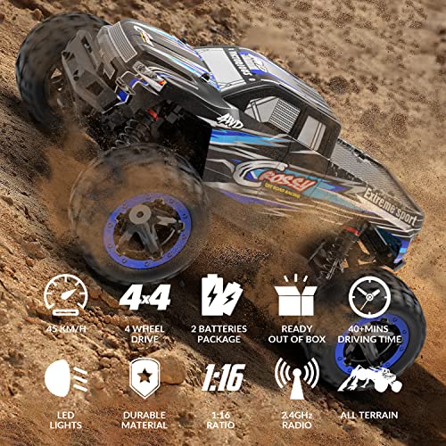 RACENT RC Truck 1:16 4x4 All Terrain RC Car 40KPH High Speed Remote Control Cars for Adults, Off-Road Monster Truck with 2.4Ghz Radio Control,2 Batteries（Blue&Red&Green） - color: Blue&red&green