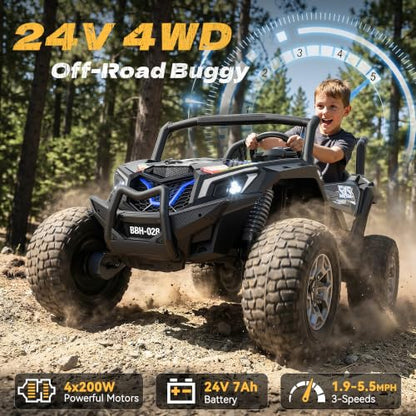 XXXL 4WD 24V Ride on Toys for Big Kids 3-14,Max 5.5Mph & 220 lbs Load,Black | Adjustable 22” 2 seater ride on car for kids, 15" eva all-terrain tires, remote control, led lights, smooth shock absorbers - color: Black