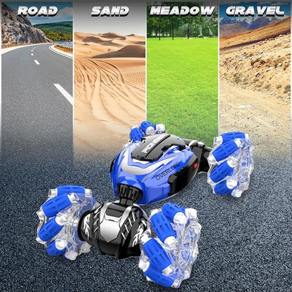 Gesture Sensing RC Stunt Car, Hand Controlled Remote Control Twist Cars | 4WD Remote Control Car with Lights, Music & Spinning Stunt, Birthday Toy Gift for Kids Boys Girls Age 6 7 8 9 10 11 12 - color: Blue
