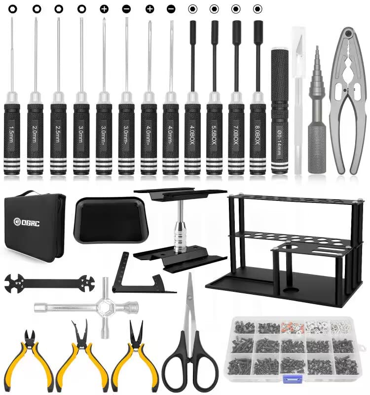 RC Tool Kit, Screwdriver Set (Flat, Phillips, Hex) RC Repair Tools - 27pcs | Include Screwdriver (Flat, Phillips, Hex), Work Stand, Screw, Pliers, Body Reamer, Wrench, Tray, Storage Rack (Black) - color: Black