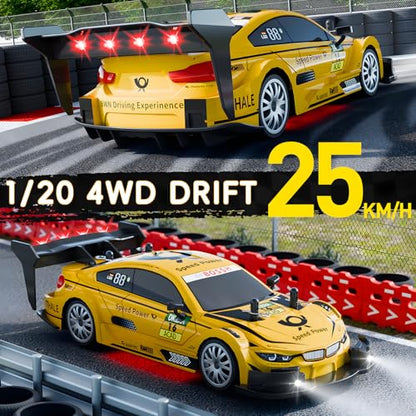 1:20 RC Drift Car for Kids,4WD 2.4GHz 30KM/H High Speed Remote Control Car, Racing Sport Toy Car with LED Lights,Drifting Tires＆2 Batteries (Yellow) - color: Yellow