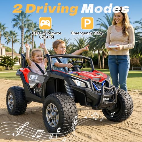 XXXL 4WD 24V Ride on Toys for Big Kids 3-14, Max 5.5Mph & 220 lbs Load,Red | Adjustable 22” 2 seater ride on car for kids, 15" eva all-terrain tires, remote control, led lights, smooth shock absorbers - color: Red