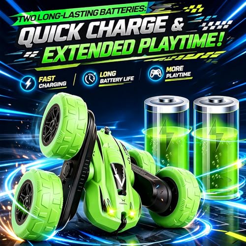 Titorot RC Stunt Car –Green | 360° stunt flips, double-sided driving, LED lights, rechargeable battery, 2.4GHz anti-interference, all-terrain wheels, 4-8 - color: Green+extra 4 Yellow Wheels