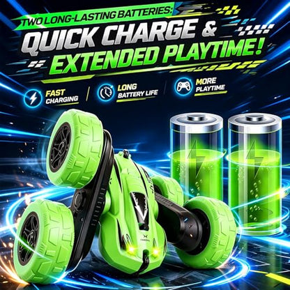 Titorot RC Stunt Car –Green | 360° stunt flips, double-sided driving, LED lights, rechargeable battery, 2.4GHz anti-interference, all-terrain wheels, 4-8 - color: Green+extra 4 Yellow Wheels