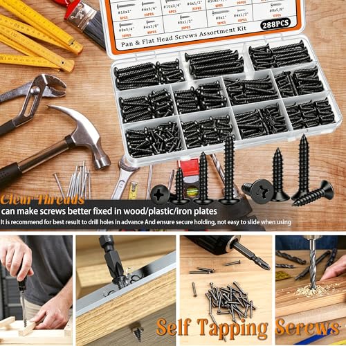 Dianrui 288 PCS Black Wood Screws Assortment Kit, Assorted Sheet Metal Screws #4/#6/#8/#10, ‌Phillips Drive Pan & Flat Head Screw Set Marine Grade Length 3/8" to 2" - size: 288PCS-BK