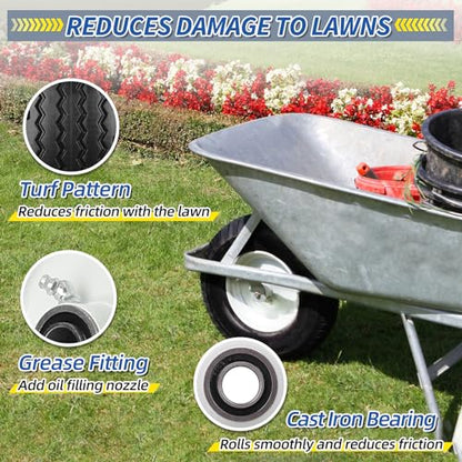 4.10/3.50-6 Flat Free Tire and Wheel, 12" Solid Wheel, 3"-3.5''-4.5'' Centered Hub, and 3/4" & 5/8" Bearings, Replacement for Lawnmower, Wheelbarrow, All Purpose Utility Tire on Wheel