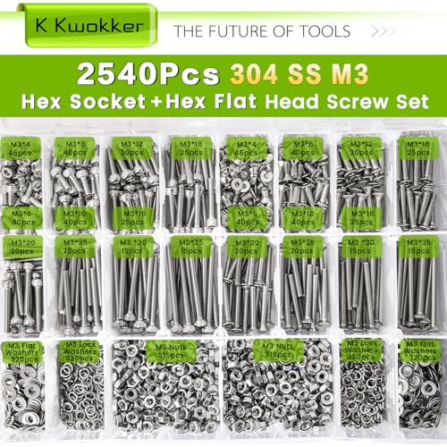 2540Pcs M3 Screws 4MM to 35MM, Socket Head Screws & Flat Head Screw, 304 Stainless Steel Assorted Nuts and Bolts Assortment Kit M3 Screw Kit with Nuts, Washer and Lock Washers - size: L. M3
