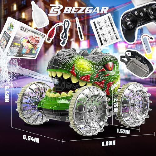 BEZGAR Monster Truck Toys - Dinosaur Toys with Light,Hand Gesture Sensing RC Cars for Water & Land with Water Gun, Monster Truck with 360° Spins and Drifting, Remote Control Car for Boys