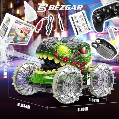 BEZGAR Monster Truck Toys - Dinosaur Toys with Light,Hand Gesture Sensing RC Cars for Water & Land with Water Gun, Monster Truck with 360° Spins and Drifting, Remote Control Car for Boys
