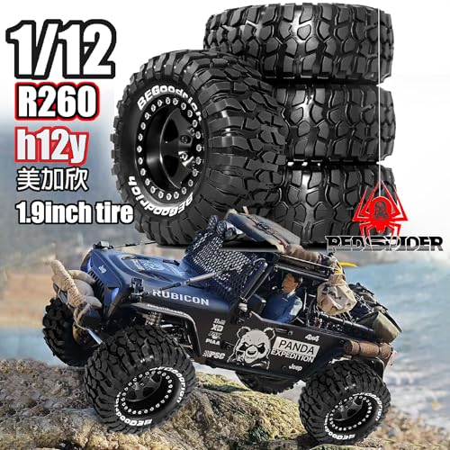 REDSPIDER 1.9'' Rock Crawler Tires OD 95mm/3.74'' (4PCS) For 1/12 RC Crawler MJX H12Y+ H12P Upgrade Replacement Tires (Black) - color: Black