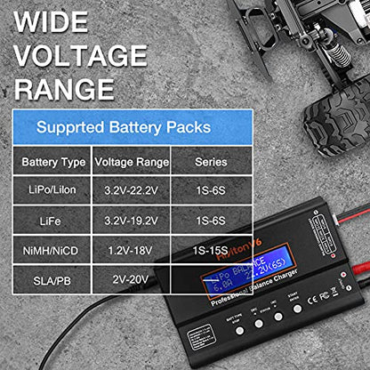 Lipo Battery Charger, 1S-6S Balanced Charger Discharger, 1-6S Lipo Li-ion NiMH NiCD Li-Fe Battery with Tamiya XT60 Deans Futaba Connector - color: black