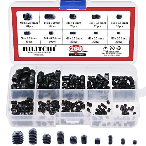 Hilitchi 260pcs M3/4/5/6/8 Allen Head Socket Hex Grub Screw Set Assortment Kit with Plastic Box 12.9 Class Black Alloy Steel - color: Black - Metric - 260pcs