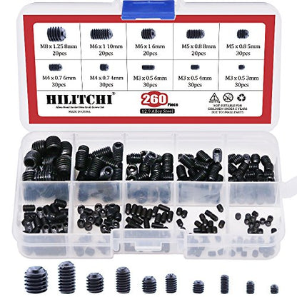 Hilitchi 260pcs M3/4/5/6/8 Allen Head Socket Hex Grub Screw Set Assortment Kit with Plastic Box 12.9 Class Black Alloy Steel - color: Black - Metric - 260pcs