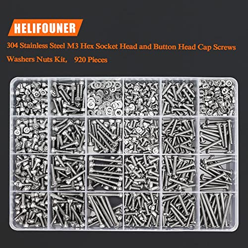 HELIFOUNER 920 Pieces 304 Stainless Steel M3 x 4mm /6mm /8mm /10mm /12mm /14mm /16mm /18mm /20mm /25mm / 30mm, Hex Socket Head and Button Head Metric Screws and Nuts Assortment Kit - size: M3 Screws Set
