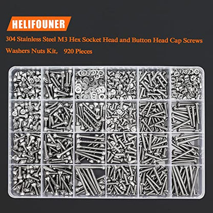 HELIFOUNER 920 Pieces 304 Stainless Steel M3 x 4mm /6mm /8mm /10mm /12mm /14mm /16mm /18mm /20mm /25mm / 30mm, Hex Socket Head and Button Head Metric Screws and Nuts Assortment Kit - size: M3 Screws Set