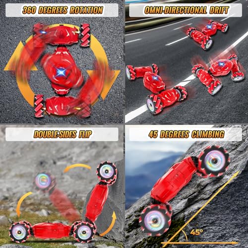 Pristar RC Stunt Cars, Gesture Sensing Remote Car Toys for 6-12 Boys Girls | 2.4Ghz Hand Remote Control Car with Spray Lights Music 360° Rotation 4WD Off-Road, Birthday Xmas Gifts for Kids Age 6-12 - color: Red