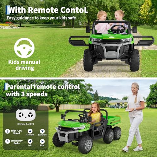 Hetoy 24V 2-Seater Ride On Dump Truck with Parent Remote Control, 4WD 6-Wheel Electric Car for Big Kids, UTV Style Dump Bed & Music Horn, ASTM/CPSIA Certified (Ages 3+) (Green) - color: Green