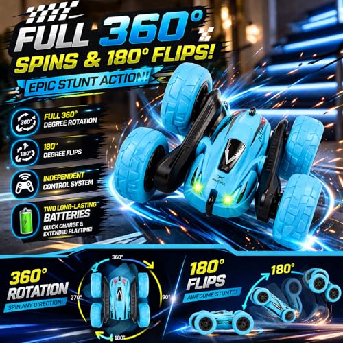 Remote Control Car for Kids, 360° Rotating Stunt Car, Double-Sided Driving, 2.4GHz RC Car with LED Headlights, Rechargeable All Terrain Toy, Extra 4 Green Wheels, Gift for Boys Girls Ages 4-8 6-12 - color: Blue+extra 4 Green Wheels