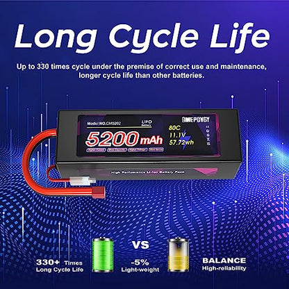 11.1V Lipo Battery 3S 5200mAh 80C Lipos Hard Case with T Connector for RC Car Trucks 1/8 1/10 RC Vehicles - color: T