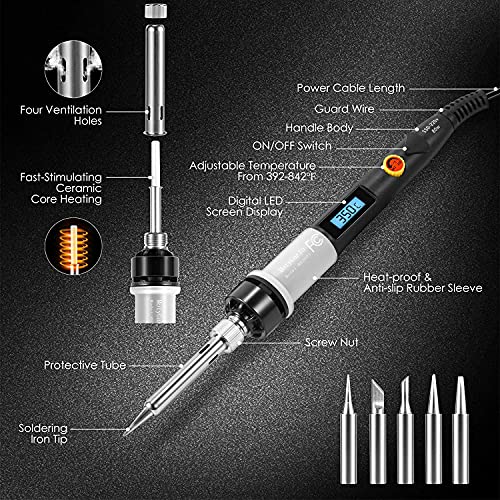 Soldering Iron Kit, 80W LCD Digital Soldering Gun with Adjustable Temperature Controlled, ON-Off Switch, 5pcs Soldering Tips, Solder Wire Tube, Desoldering Pump, 14pcs Welding Tool