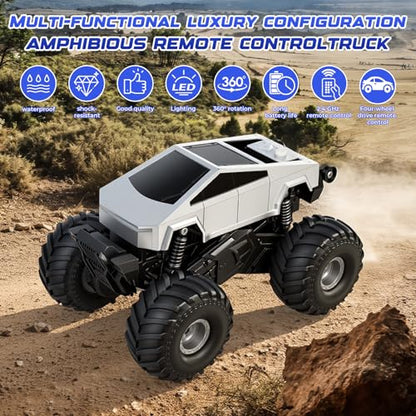 1:18 Amphibious 4WD Cyber RC Monster Truck, 2.4GHz Waterproof Stunt Car w/Charging Dock Gift for Boys 4+ - color: Silvery