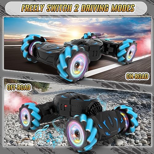 Pristar RC Cars Gesture Sensing Stunt Car, Best Gifts for Boys 6-12 | 2.4Ghz Remote Control Car Toys for Boys Age 6 7 8 9 10 11 12, Double Sided Flip 360° 4WD Off-Road with Spray Lights Music - color: Blue-black