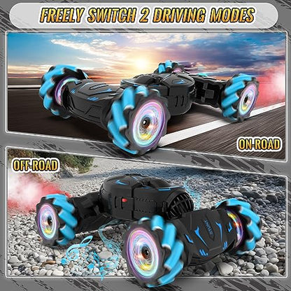 Pristar RC Cars Gesture Sensing Stunt Car, Best Gifts for Boys 6-12 | 2.4Ghz Remote Control Car Toys for Boys Age 6 7 8 9 10 11 12, Double Sided Flip 360° 4WD Off-Road with Spray Lights Music - color: Blue-black