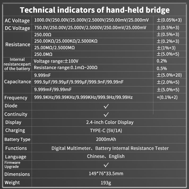 Battery Internal Resistance Tester 2 in 1 multimeter Battery Voltage Meter Car Battery Tester for AAA AA Model 0.1mΩ-200Ω